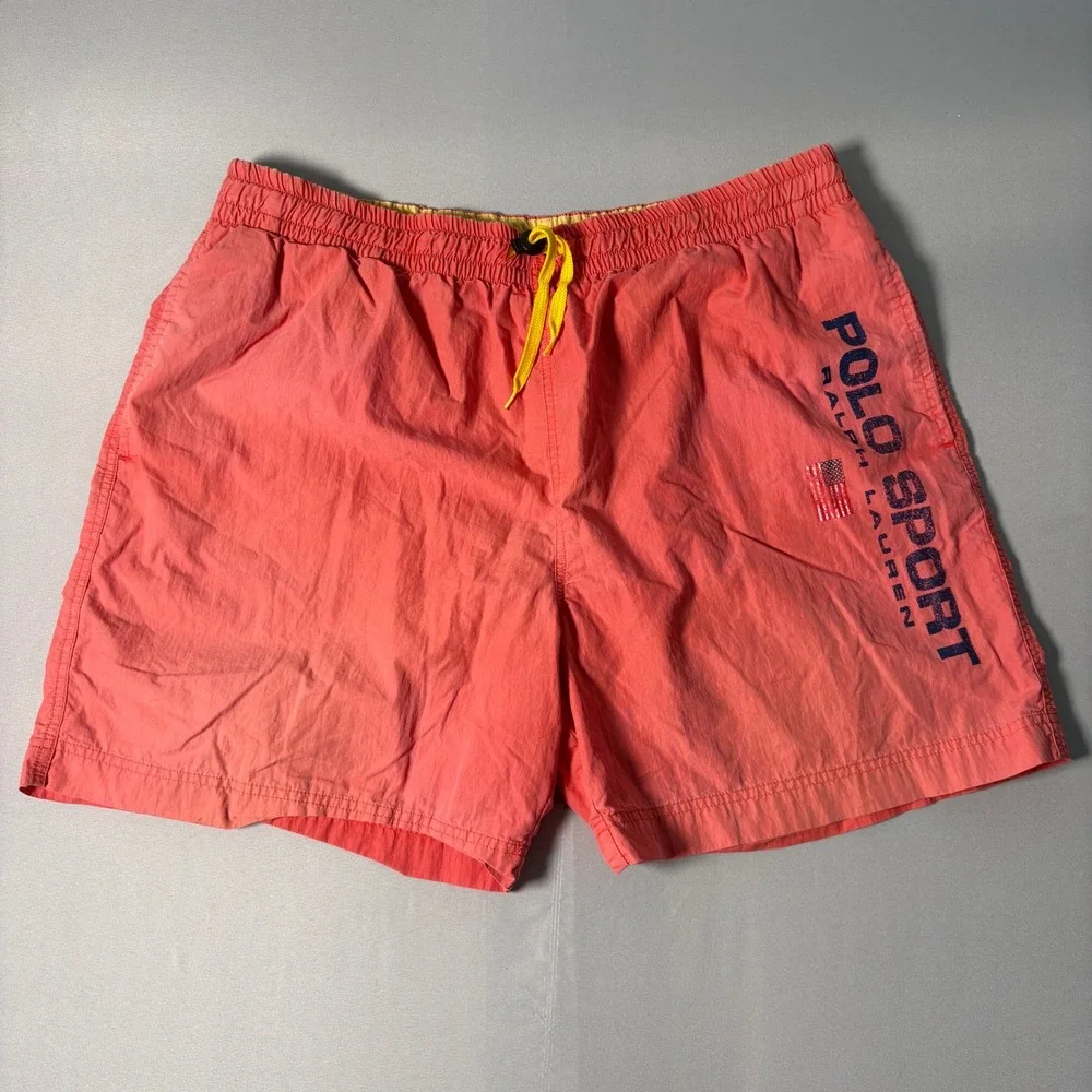 Vintage Polo Sport Ralph Lauren Swim Trunks XL Coral Pink Logo Mesh Shorts Mens